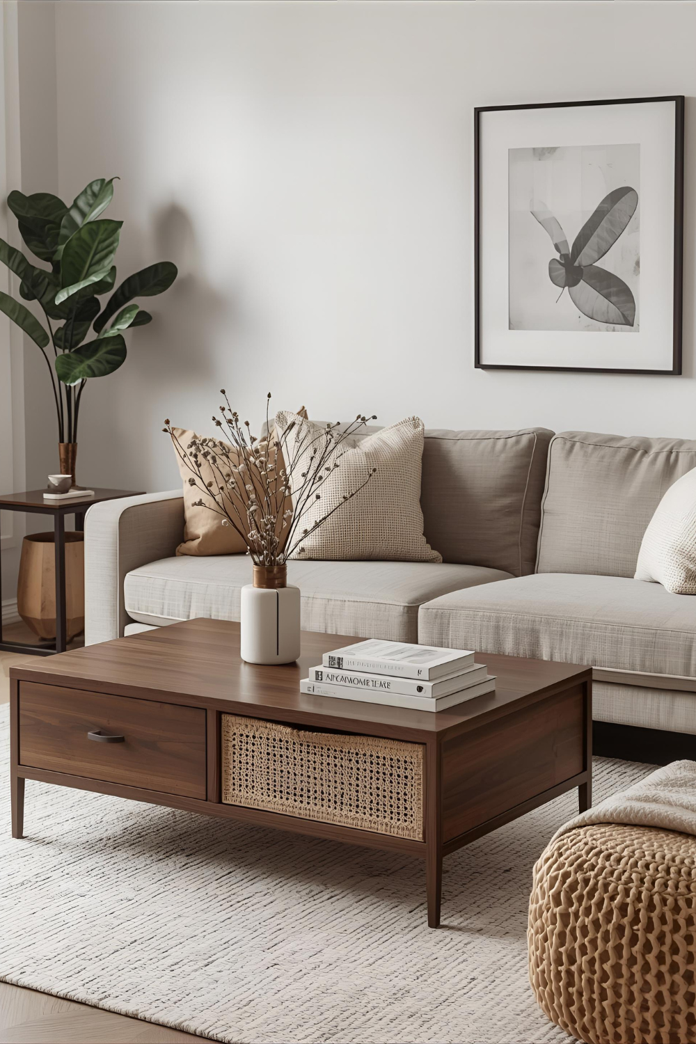 Modern Scandinavian living room with walnut coffee table and rattan drawer, 
      beige sofa, and light gray rug. A contemporary art print on the wall adds warmth and character to the neutral interior.